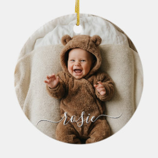 Modern minimalistisk anpassad dubbelsidig babyfoto julgransprydnad keramik
