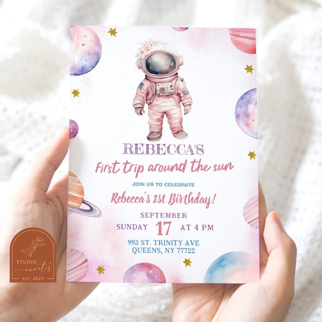 Modern minimalistisk astronaut flickas första föde inbjudningar (Skapare uppladdad)