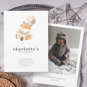 Modern minimalistisk Baby Fox & Photo Första födel Inbjudningar