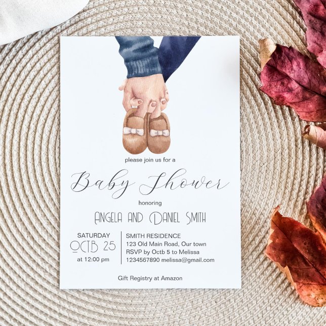 Modern minimalistisk babydusch i baby-skon inbjudningar (Modern minimalist baby shoe parents holding hands baby shower template invitation instant download)