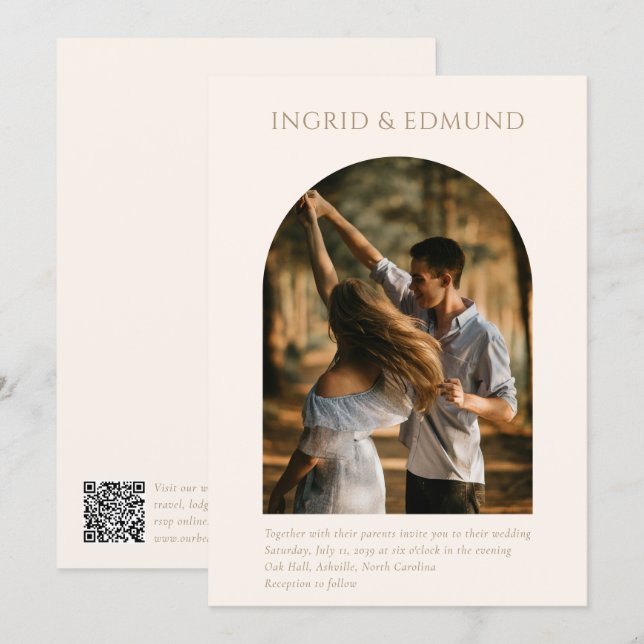 Modern Minimalistisk Båge Foto QR-kod Bröllop Inbjudningar (Fram/baksida)