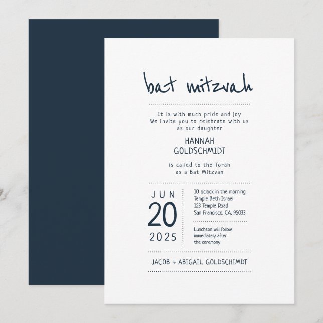 Modern + minimalistisk Bat mitzvah Inbjudningar (Fram/baksida)