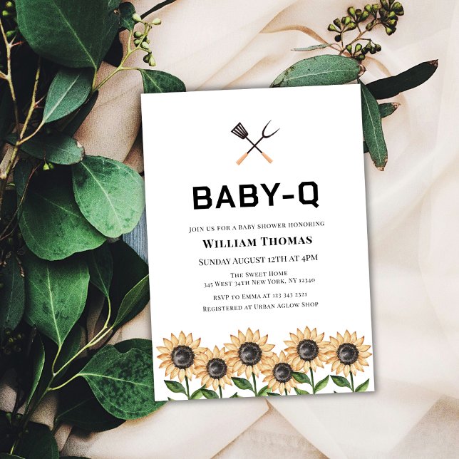 Modern minimalistisk BBQ-solros Baby Q-babyskor Inbjudningar (Modern Minimalist BBQ Sunflower Baby Q Baby Shower Invitation)