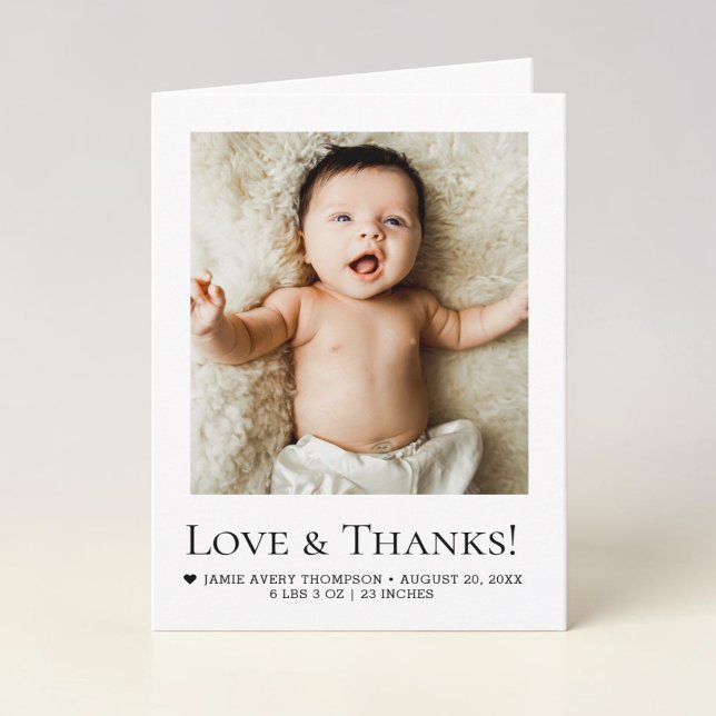 Modern Minimalistisk Bebis Foto Födelsekungörelse Kort (Modern Love and Thanks baby photo announcement thank you folded card.)