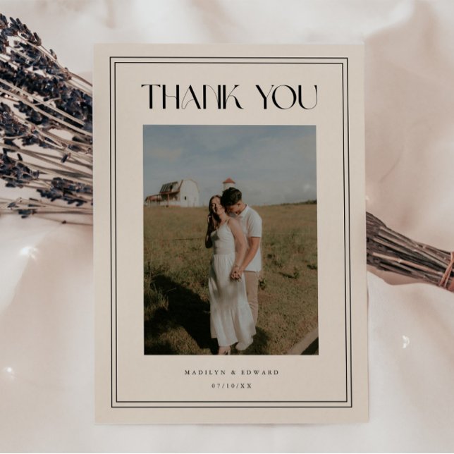 Modern minimalistisk beige elfenbensvit bröllopsfo tack kort (Skapare uppladdad)