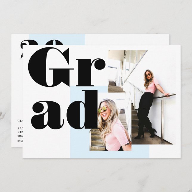 Modern minimalistisk blå 2-foto studenten inbjudningar (Fram/baksida)