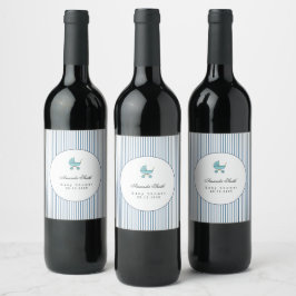 Modern & Minimalistisk Blå Barnvagn Baby Shower Vinflaska Etikett