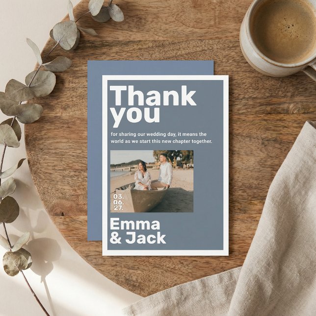 Modern minimalistisk blå foto tack för bröllopet kort (Modern blue minimalist photo wedding thank you card)