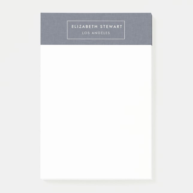 Modern minimalistisk blå linne och elfenben 4" x 6 post-it block (Framsida)