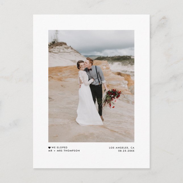Modern minimalistisk Black Photo Bröllop Elopement Meddelande Vykort (Framsida)