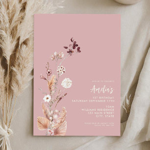 Modern Minimalistisk Boho Vildblomma 1-års Födelse Inbjudningar