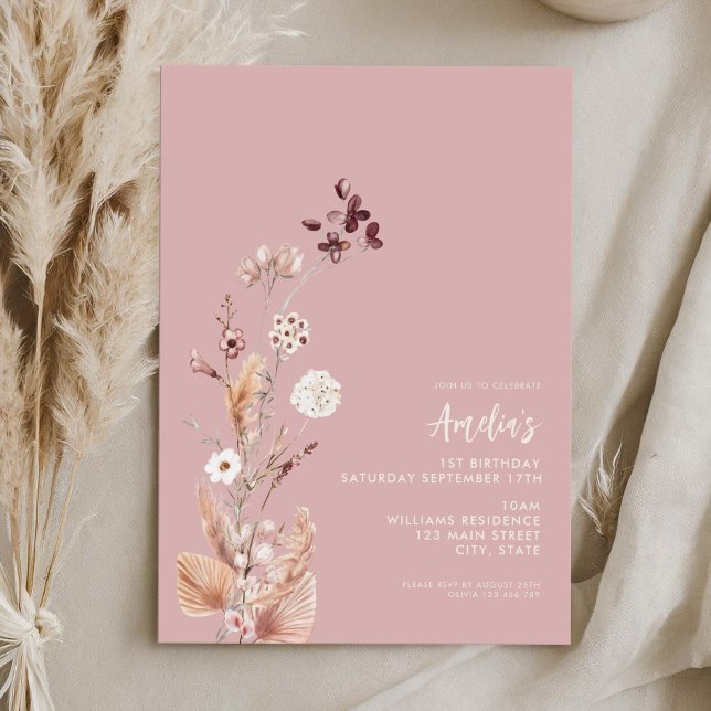 Modern Minimalistisk Boho Vildblomma 1-års Födelse Inbjudningar (Skapare uppladdad)