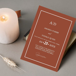 Modern Minimalistisk bränd Orange Monogram Bröllop Inbjudningar