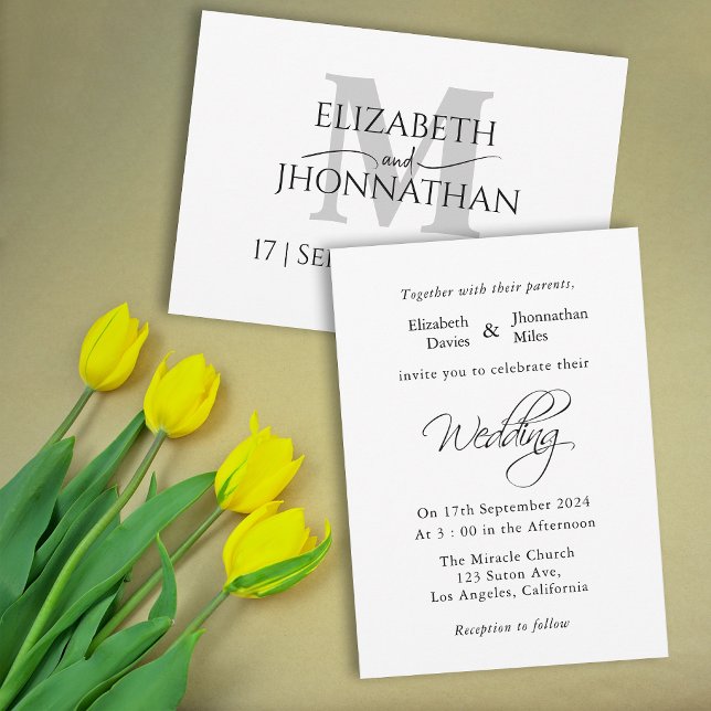 Modern minimalistisk Bröllop Grått Monogram Inbjudningar (Skapare uppladdad)