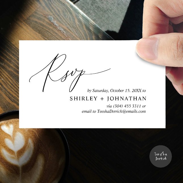 Modern minimalistisk Bröllop OSA Tilläggskort (Wedding invitation RSVP via Phone or email respond reminder Enclosure Card in aesthetic White Black)