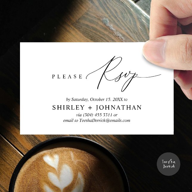 Modern minimalistisk Bröllop OSA Tilläggskort (Wedding invitation RSVP via Phone or email respond reminder Enclosure Card in aesthetic White Black)