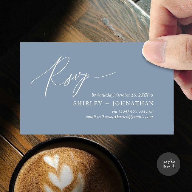 Modern minimalistisk Bröllop OSA Tilläggskort (Wedding invitation RSVP via Phone or email respond reminder Enclosure Card in aesthetic Dusty Blue)