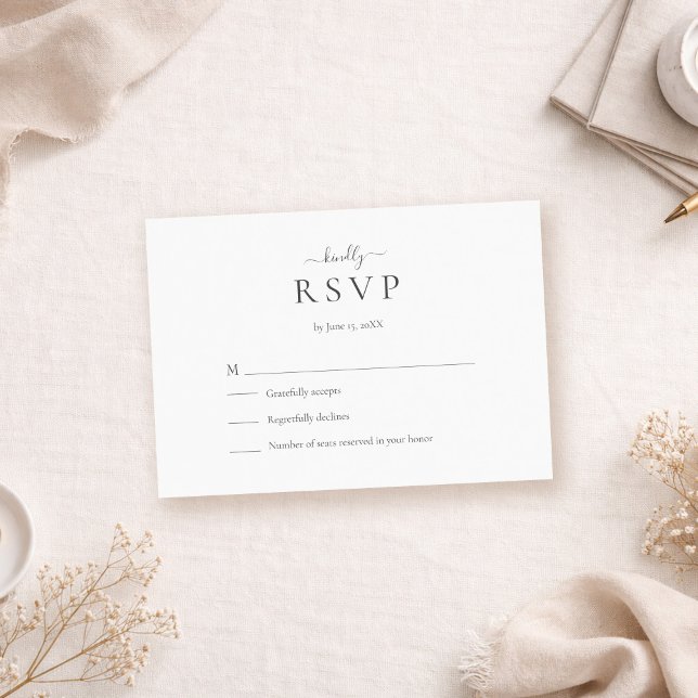 Modern Minimalistisk Bröllops-svarskort OSA Kort (Modern Minimalist Script Wedding RSVP Card on a boho table with tiny white flowers)