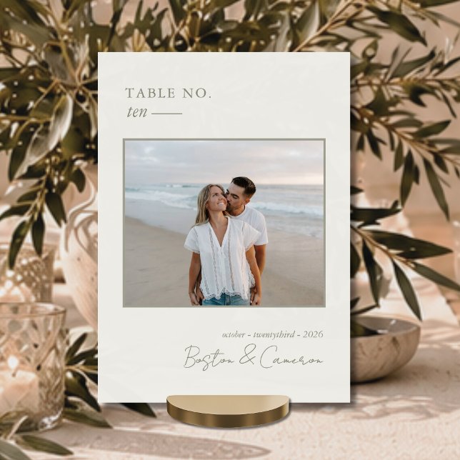 Modern Minimalistisk Bröllopsfoto Bord Nummer Kort (Modern Minimalist Wedding Photo Table Number Card with modern typography and elegant script trendy)