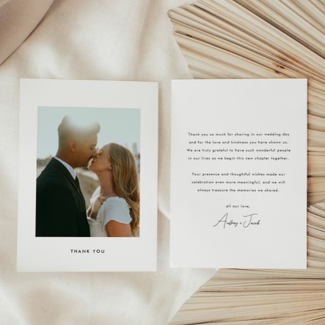 Modern minimalistisk bröllopsfotografi med script tack kort (Skapare uppladdad)
