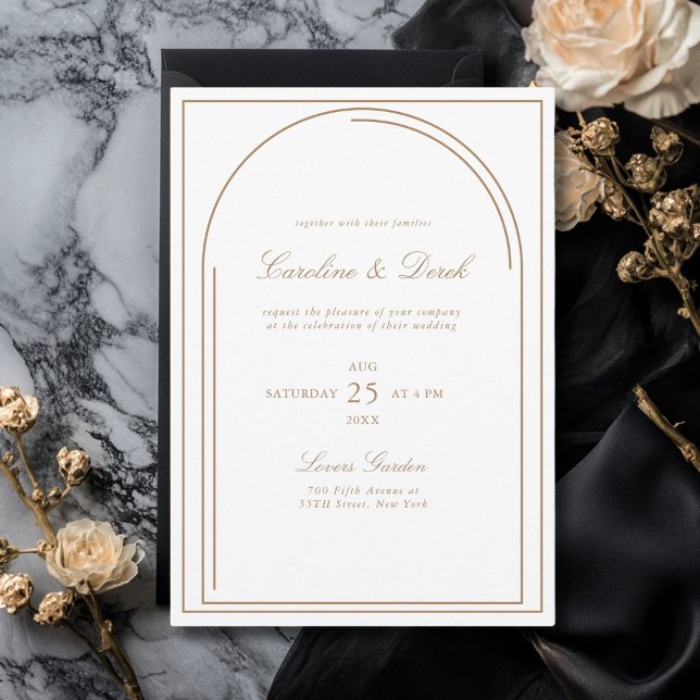 Modern minimalistisk bröllopsinbjudan | inbjudningar (Modern Minimalist Wedding Invitation | Arch Border White Light-Brown Invitation)