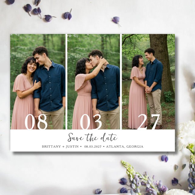 Modern Minimalistisk Bröllopskort med Tre Bilder  Spara Datumet (Modern Minimalist Three Photo Wedding Save The Date)