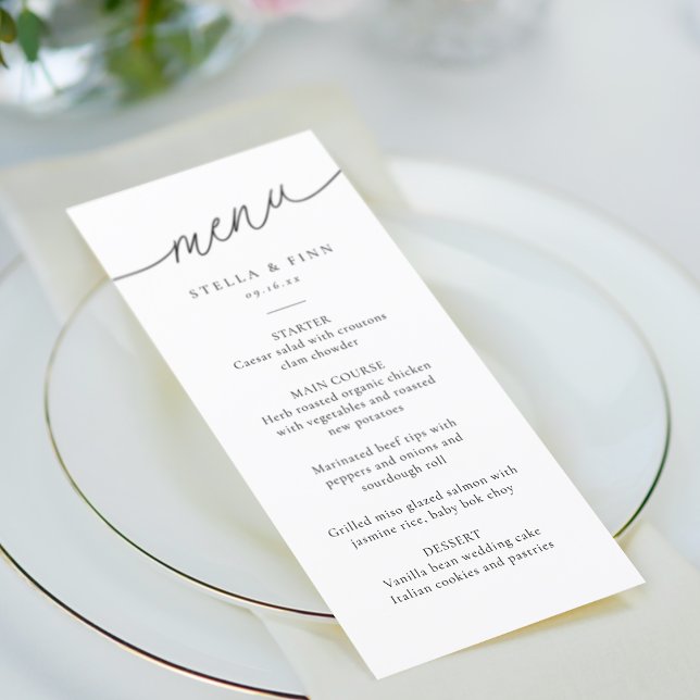 Modern minimalistisk bröllopskrift meny (Modern Minimalist Script Wedding Menu)