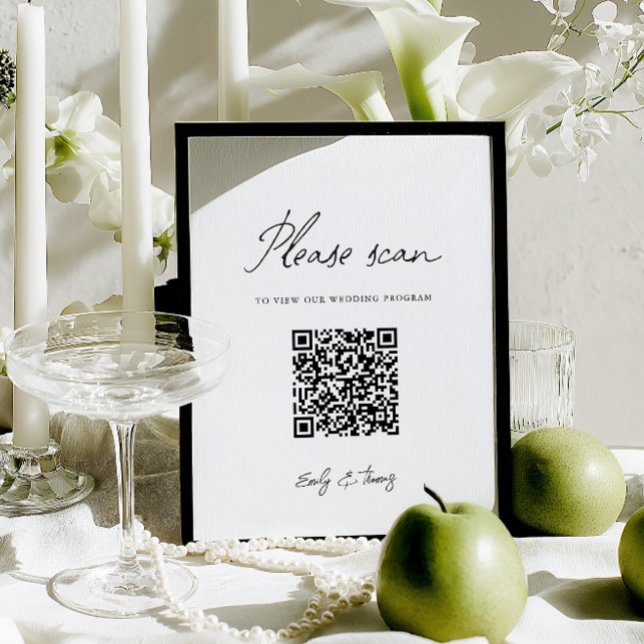 Modern Minimalistisk Bröllopsprogram QR-kod Skylt (Modern Minimalist Wedding Program QR Code Sign)