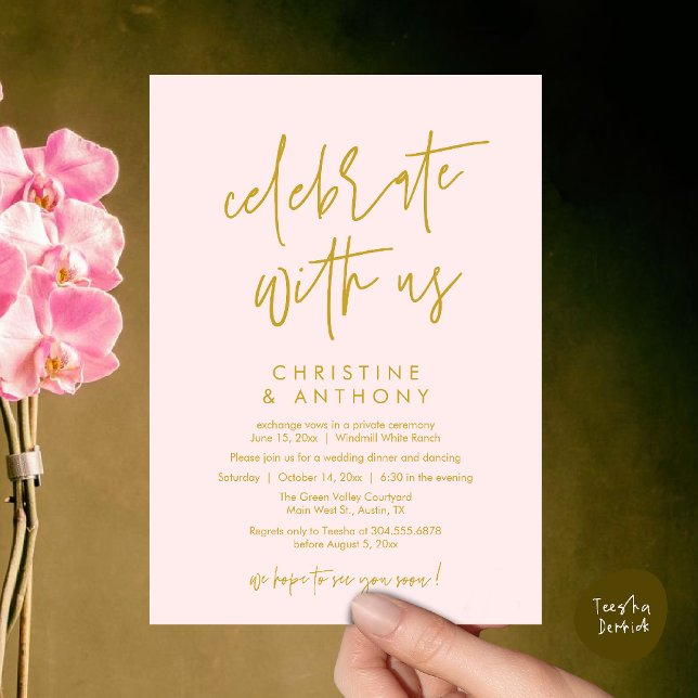 Modern Minimalistisk Bröllopsreception Middag Inbjudningar (Modern Minimal Wedding Reception Dinner Lunch Brunch Invitation Card in yellow gold and Blush)