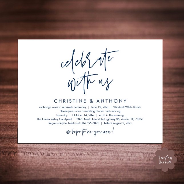 Modern Minimalistisk Bröllopsreception Middag Inbjudningar (Modern Minimalist Wedding Reception Dinner Invitation Card, Celebrate with us, in Navy Blue)