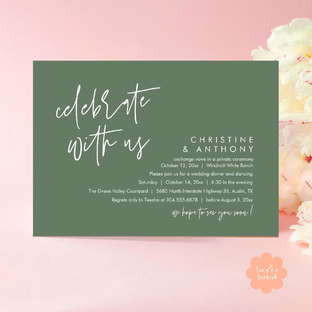 Modern Minimalistisk Bröllopsreception Middag Inbjudningar (Modern Minimalist Wedding Reception Dinner Invitation Card, Celebrate with us, in Sage Green)