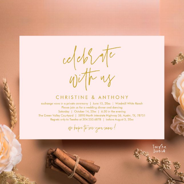 Modern Minimalistisk Bröllopsreception Middag Inbjudningar (Modern Minimalist Wedding Reception Dinner Invitation Card, Celebrate with us, in Yellow Gold Blush)