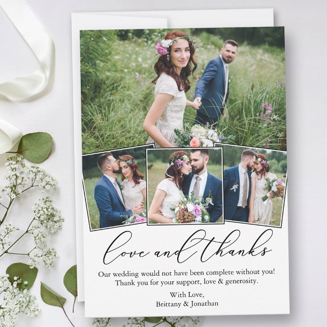 Modern minimalistisk calligrafi Kärlek Bröllop 4 f Tack Kort (Customize to add text or more photos to back of card.)