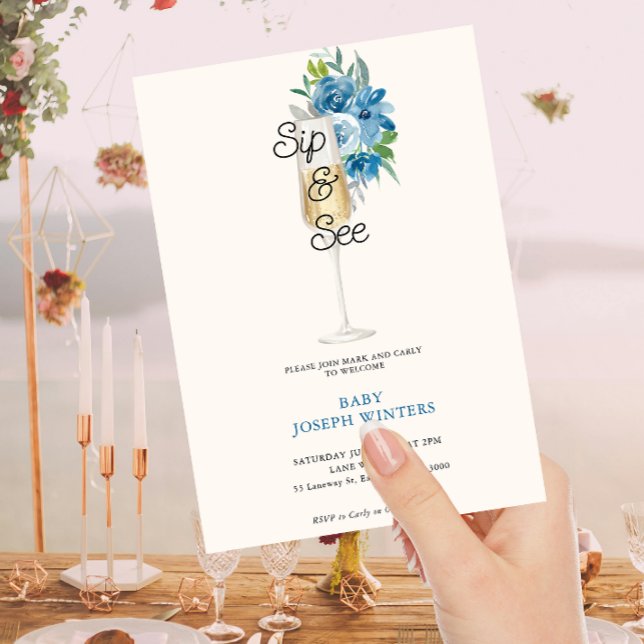 Modern, minimalistisk champagnesip och se babyskor inbjudningar (Skapare uppladdad)