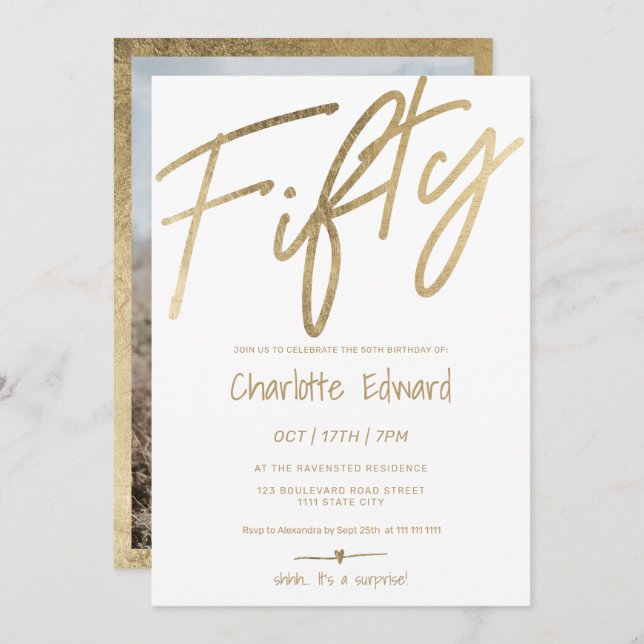 Modern minimalistisk chic guld fotoöverraskning fe inbjudningar (Fram/baksida)