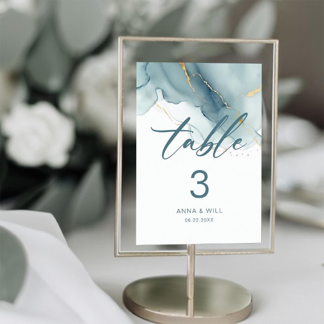 Modern minimalistisk dammbädd Blue Guld Beach Wedd Bordsnummer (dusty blue modern beach wedding table number elegant bohemian romantic summer chic gold)
