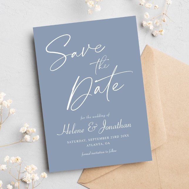 Modern minimalistisk dammblå Elegant bröllop Spara Datumet (Modern Minimalist Dusty Blue Elegant Wedding Save The Date)