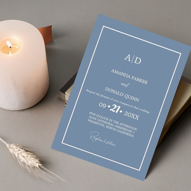 Modern minimalistisk dammblått Monogram Bröllop Inbjudningar (Skapare uppladdad)