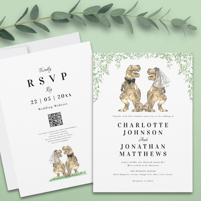 Modern minimalistisk dinosaurie-tema bröllop inbjudningar (Botanical dinosaur theme wedding invitation with qr code and T-Rex bride and groom)