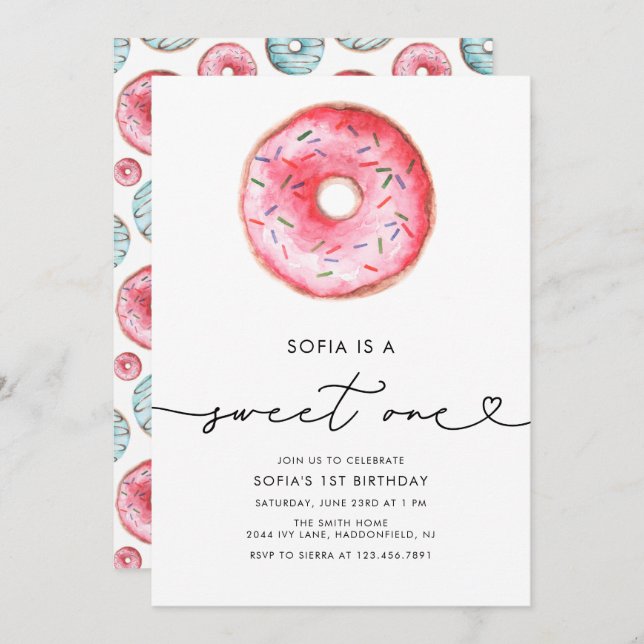 Modern minimalistisk Donut Sweet en Birthday Inbjudningar (Fram/baksida)