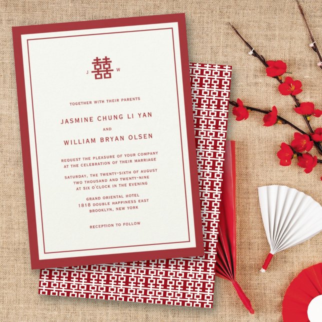 Modern minimalistisk Dubbla lycka Kinesiskt Bröllo Inbjudningar (Modern Minimalist Red/Ivory Double Happiness Chinese Wedding Invitation @ fatfatin_red_knot)