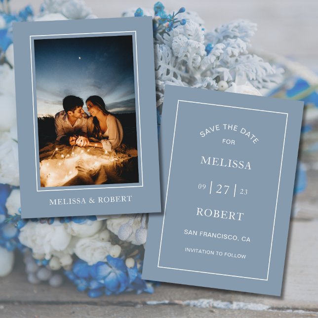 Modern minimalistisk Dusty Blue Photo Bröllop Inbjudningar (Dusty Blue Simple Modern Photo Wedding Invitation)