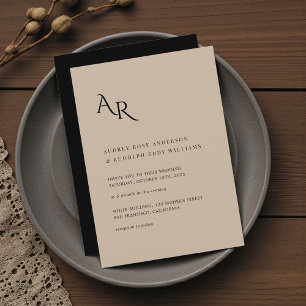 Modern minimalistisk elegant beige svart bröllop inbjudningar