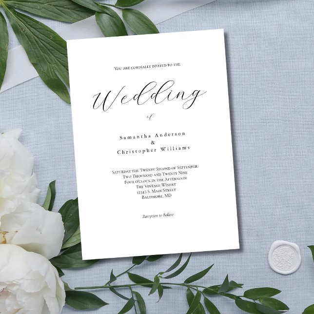 Modern minimalistisk Elegant Bröllop Inbjudningar (Modern Minimalist Elegant Wedding Invitation with Script Font. Black and White.)