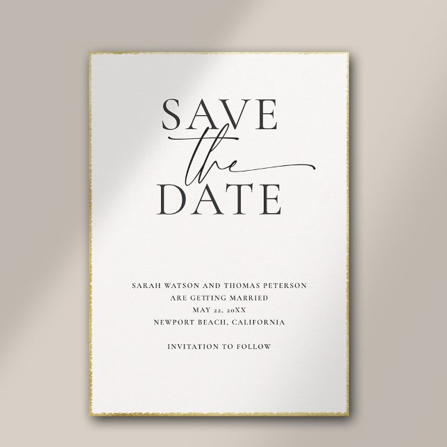 Modern minimalistisk Elegant Brushed Guld Bröllop Spara Datumet (modern minimalist simple wedding save the date typography calligraphy black white faux gold template)