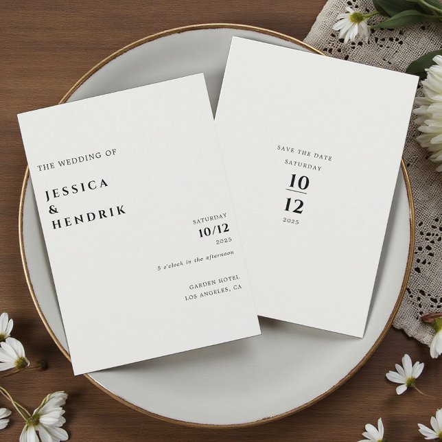 Modern minimalistisk elegant elfenbensvit vigsel inbjudningar (Skapare uppladdad)