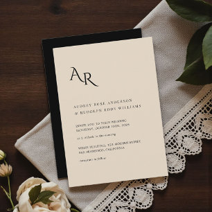 Modern minimalistisk elegant kräm svart bröllop inbjudningar