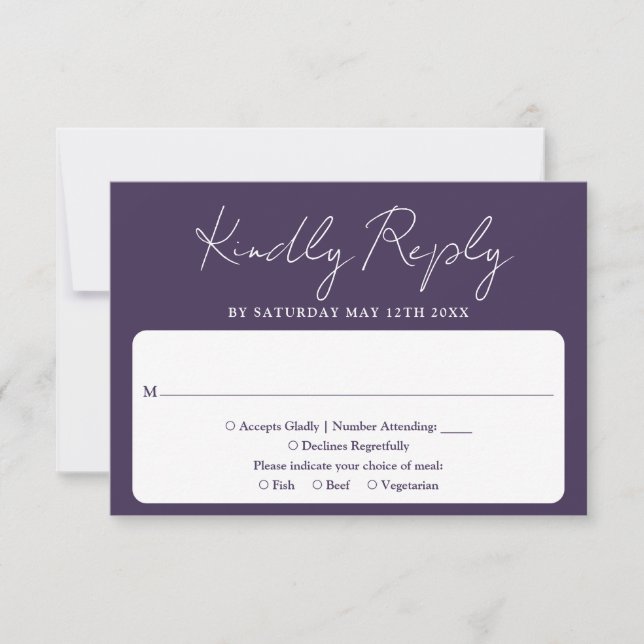 Modern minimalistisk elegant script lila bröllop OSA kort (Framsida)