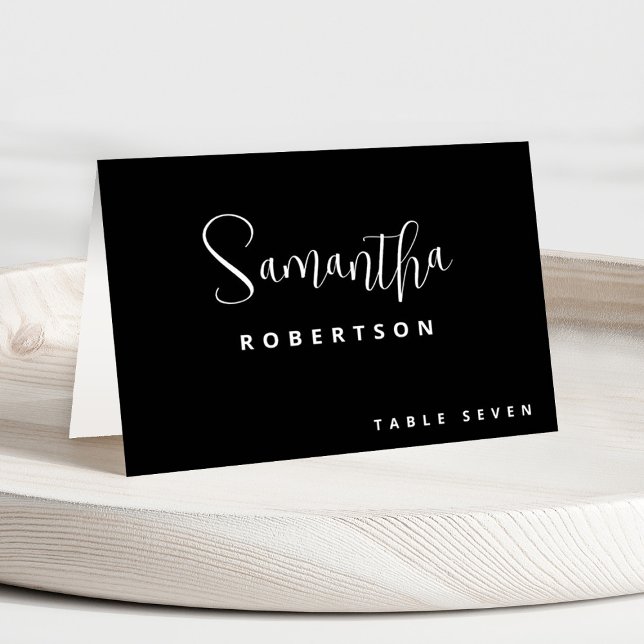 Modern minimalistisk enkel gästplats i Namn Bordsnummer (Black calligraphy modern guest name printed place card)