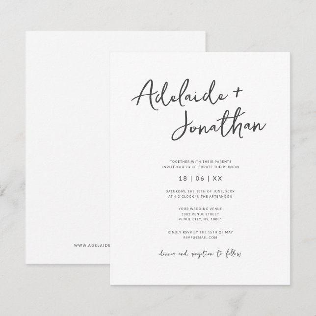 Modern, minimalistisk, enkel skriptbröllopsinbjuda inbjudningar (Fram/baksida)